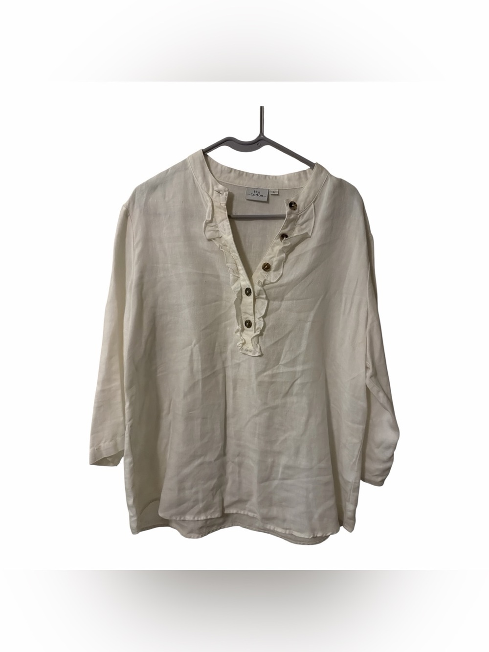 Hot Cotton 100% Linen White Ruffle Henley Tunic Top L
